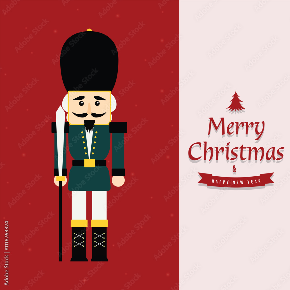 Christmas nutcracker soldier with sword. Antique traditional figurine doll. Vector Christmas illustration in Scandinavian style. Cute nutcracker with mistletoe, Christmas holiday greeting card.