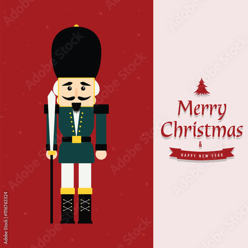 Obraz na płótnie Christmas nutcracker soldier with sword. Antique traditional figurine doll. Vector Christmas illustration in Scandinavian style. Cute nutcracker with mistletoe, Christmas holiday greeting card. w salonie