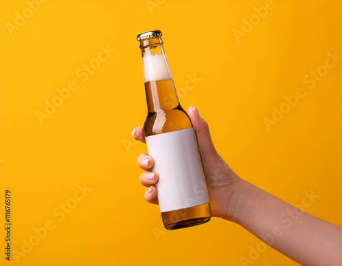 Female hands holding beer bottle on yellow background