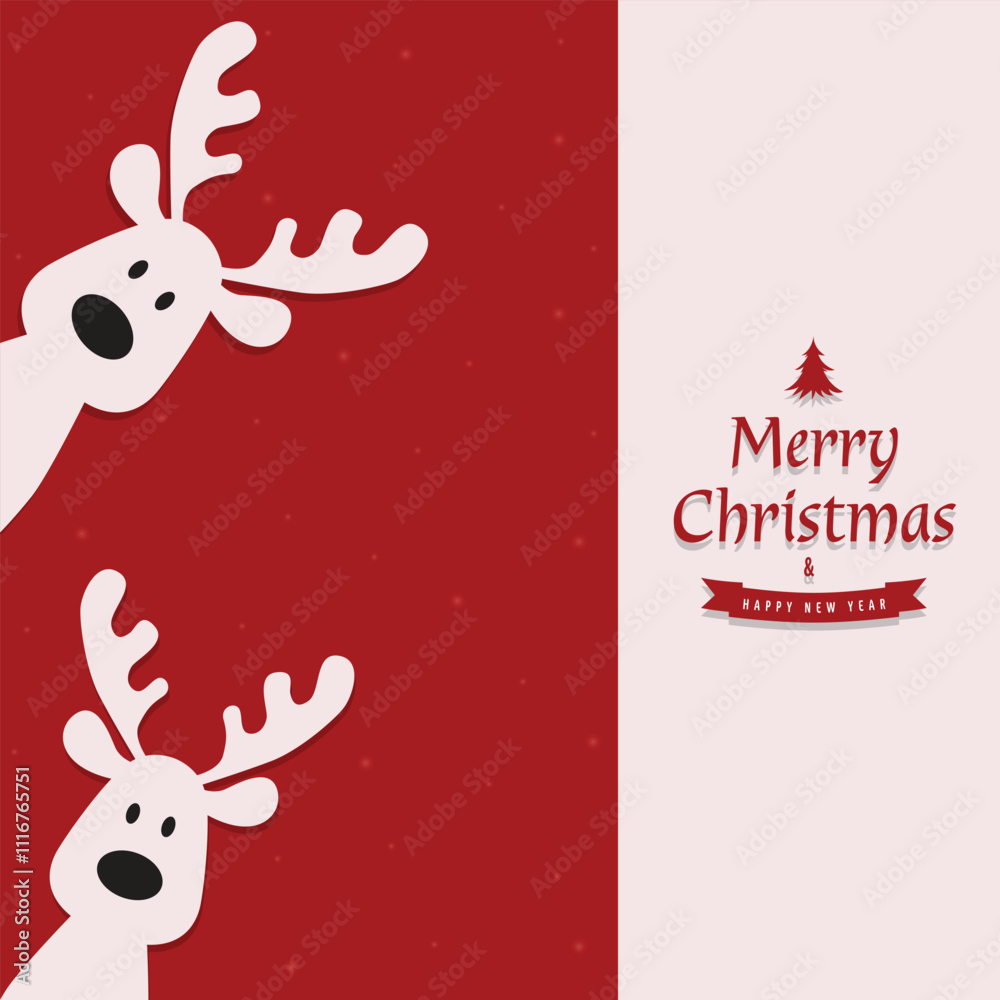 Cute Christmas reindeer on a red background. Christmas background, banner, or card. Vector Unique Xmas design.