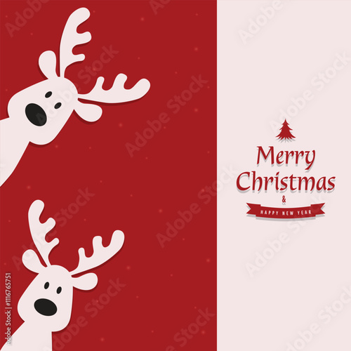 Obraz na płótnie Cute Christmas reindeer on a red background. Christmas background, banner, or card. Vector Unique Xmas design. w salonie