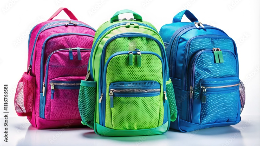 Fototapeta premium Eye-catching school backpacks in bright blue, green, and pink mesh and nylon, crafted for fashionable students seeking practicality and style for their daily adventures.