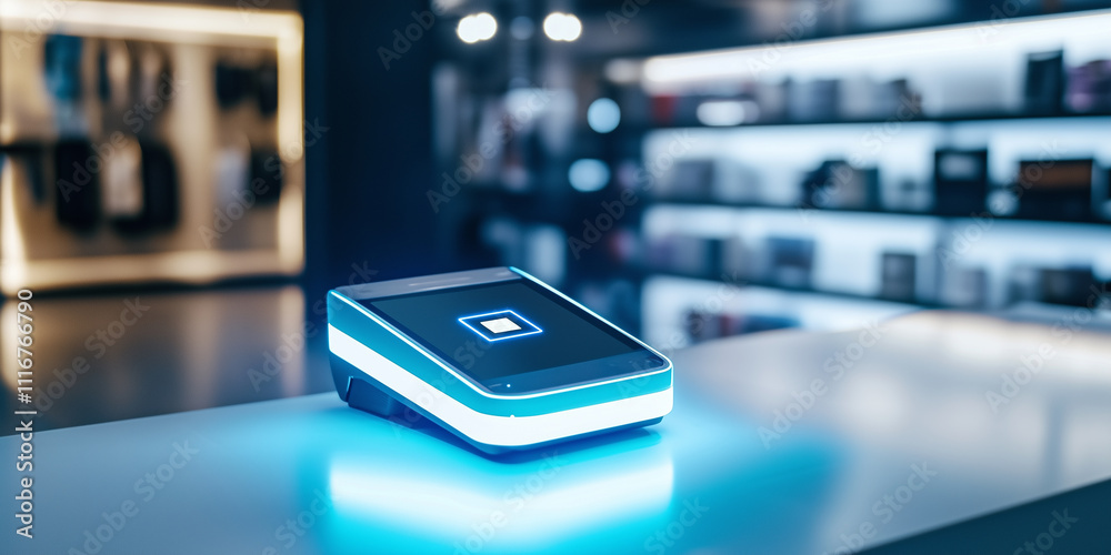 glowing NFC payment terminal on minimalist retail counter, emitting futuristic blue light in modern store environment glowing NFC payment terminal on minimalist retail counter, emitting futuristic blue light in modern store environment