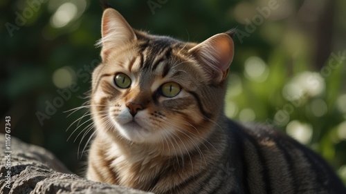 Wallpaper Mural Alert tabby cat outdoors, looking up, sunlight. Torontodigital.ca