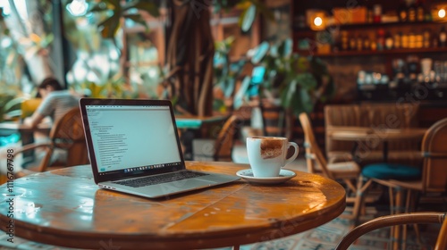 Laptop computer, blank screen on table in coffee shop background Laptop with blank screen on coffee shop table, blurred background