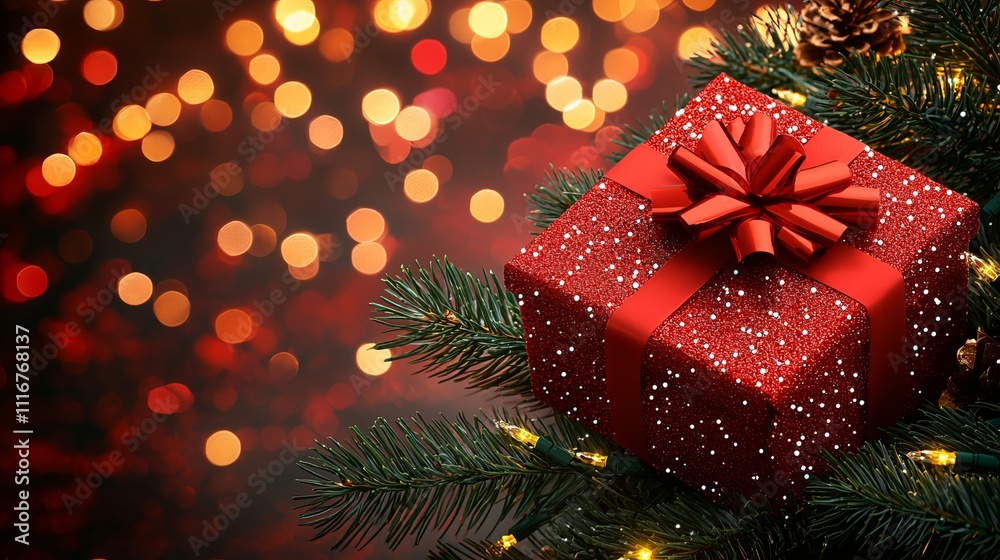 A vibrant red present adorns a Christmas tree, illuminated by sparkling lights in the background, creating a festive and joyful atmosphere. A vibrant red present adorns a Christmas tree, illuminated by sparkling lights in the background, creating a festive and joyful atmosphere.