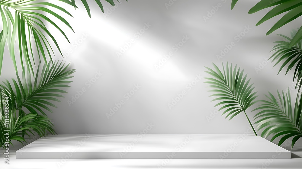 A minimalist display area with a white platform and green palm leaves in a bright environment. A minimalist display area with a white platform and green palm leaves in a bright environment.