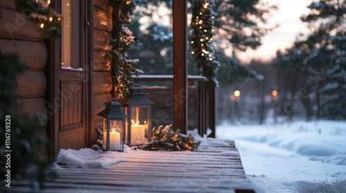 Candlelit lanterns cast a warm glow on a wooden deck adorned with evergreen garlands. Snow blankets the surroundings as families enjoy quality time at a cozy winter resort during twilight photo