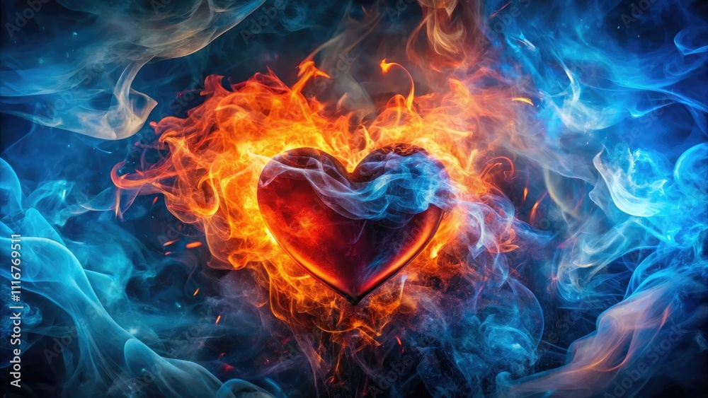 Fototapeta premium Heart on Fire with Blue Smoke captures the juxtaposition of passion and tranquility, revealing the beauty of urban exploration through vibrant contrasts in photography.