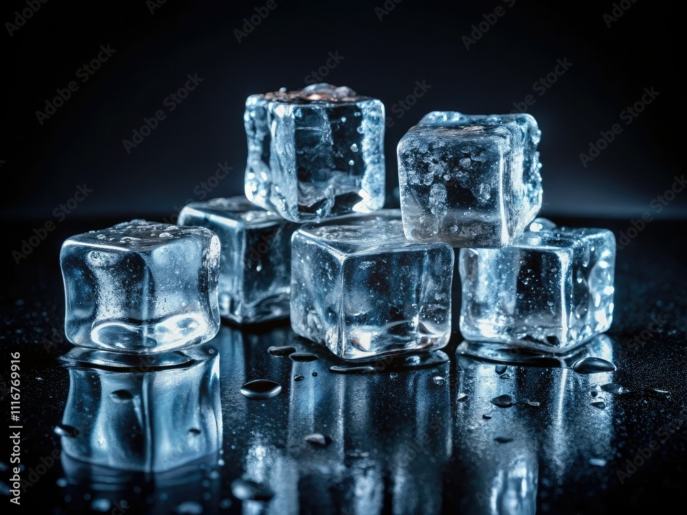 Ice cubes on a black backdrop evoke refreshing coolness, crystal clarity, and an elegant simplicity, perfect for modern design aesthetics and contemporary visual appeal. Ice cubes on a black backdrop evoke refreshing coolness, crystal clarity, and an elegant simplicity, perfect for modern design aesthetics and contemporary visual appeal.