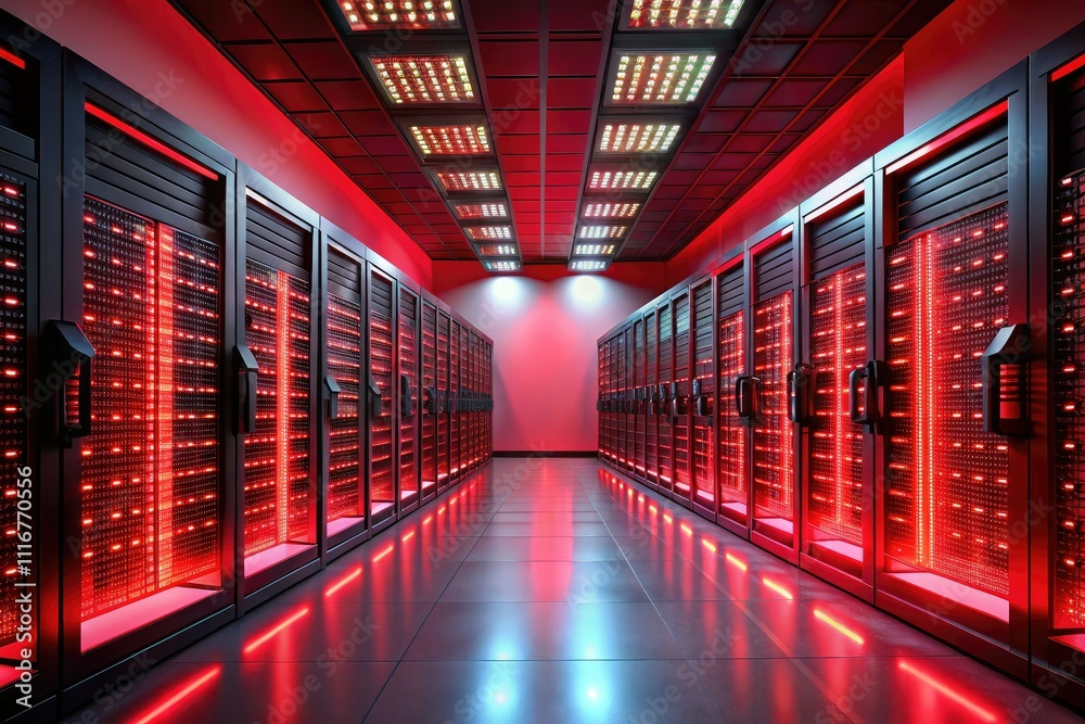 In a striking clipart style, a dark server room with red lighting showcases advanced technology servers, perfect for illustrations related to data centers and tech. In a striking clipart style, a dark server room with red lighting showcases advanced technology servers, perfect for illustrations related to data centers and tech.