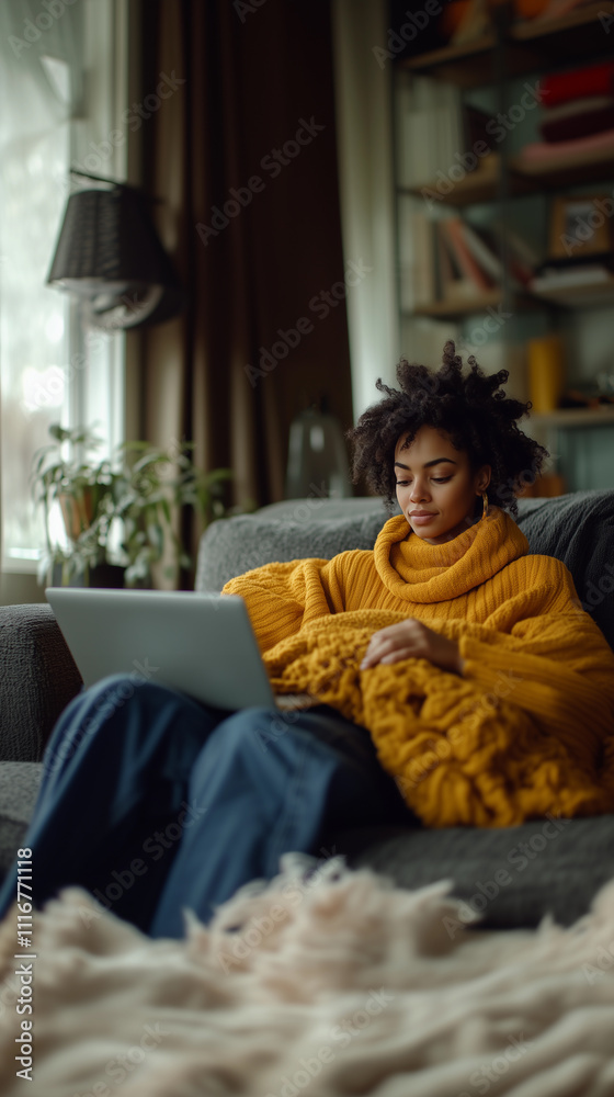 a brunette woman with curly hair is working at home on her laptop, dressed in a yellow wool outfit, with an interior background featuring books and plants