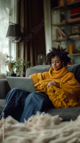 Obraz na płótnie a brunette woman with curly hair is working at home on her laptop, dressed in a yellow wool outfit, with an interior background featuring books and plants w salonie