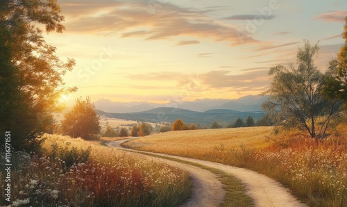 A winding dirt road leading through a picturesque countryside at sunset, with golden fields and a serene sky creating a tranquil scene.