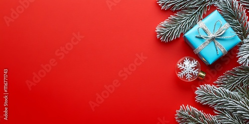 A blue gift wrapped in a blue ribbon, beautifully set against a vibrant red backdrop, capturing the festive spirit of Christmas.