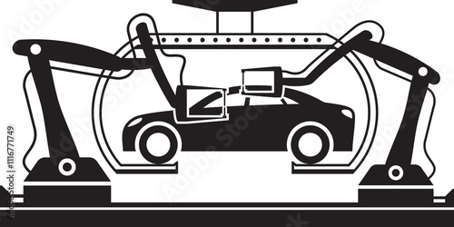 Robots weld car body at assembly line - vector illustration