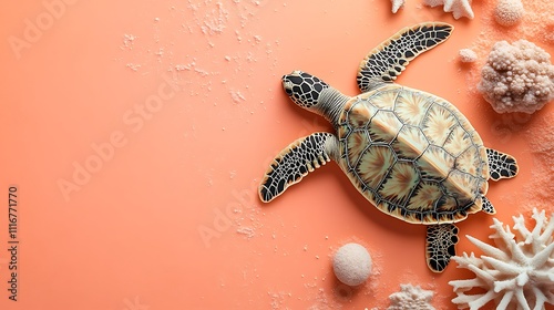 Sea turtle on coral and sand, top view. photo