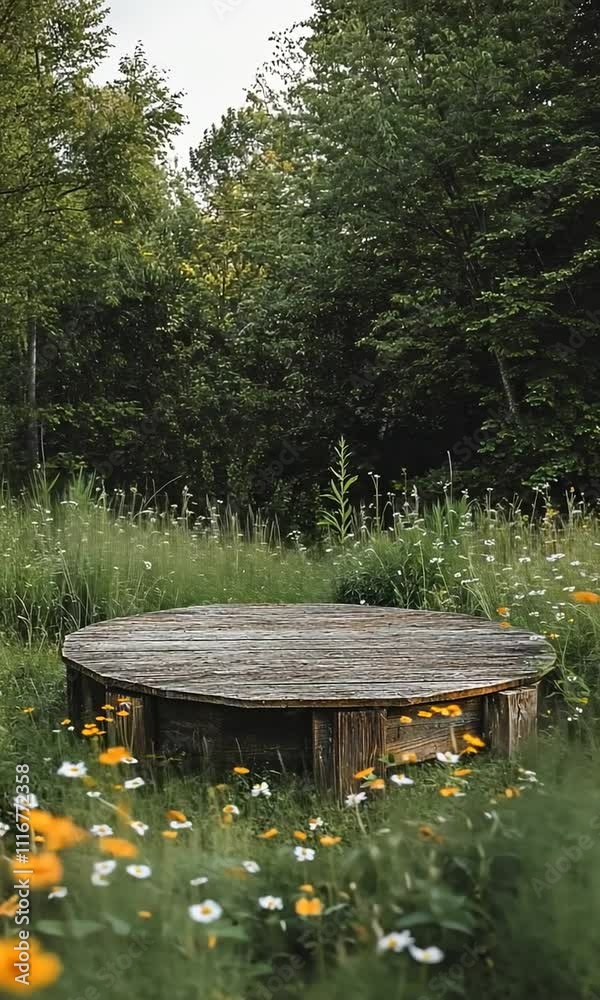 Tranquil Wooden Platform Surrounded by Wildflowers in a Lush Green Forest with Dappled Sunlight Peeking Through the Trees, Inviting Peaceful Reflection Tranquil Wooden Platform Surrounded by Wildflowers in a Lush Green Forest with Dappled Sunlight Peeking Through the Trees, Inviting Peaceful Reflection
