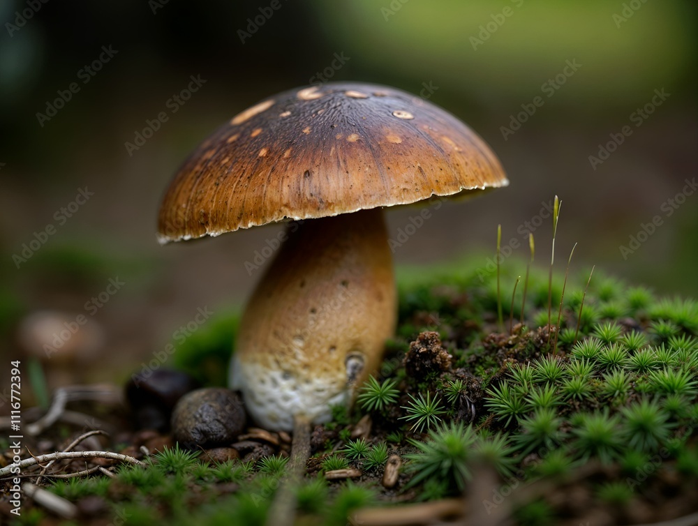A brown speckled mushroom grows amidst green moss and small plants on a forest floor, surrounded by twigs and stones under soft, diffused lighting. A brown speckled mushroom grows amidst green moss and small plants on a forest floor, surrounded by twigs and stones under soft, diffused lighting.
