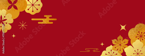 Golden and red Chinese abstract background with elements, flowers, lucky coins. Concept design 
