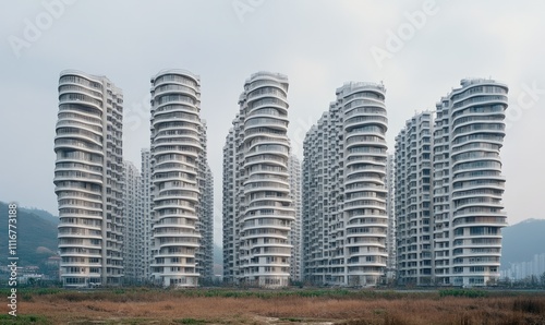 15 story residential towers grouped together that look like chimneys ceramic facade curved corners all same shaped floor plates all vertical elements in facade squeezed into a small volume photo