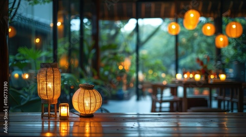 Warm evening ambiance in a restaurant with illuminated paper lanterns on wooden table.