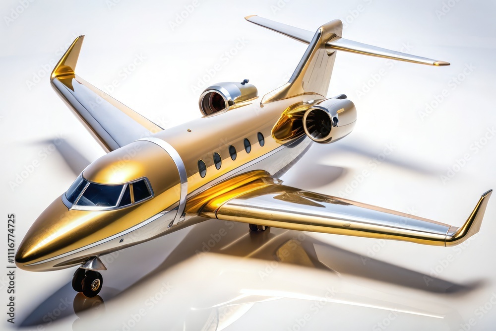 Fototapeta premium Lustrous gold and silver private jet model showcased against a white backdrop, capturing luxurious aviation concepts with stunning macro photography, ideal for upscale travel themes.