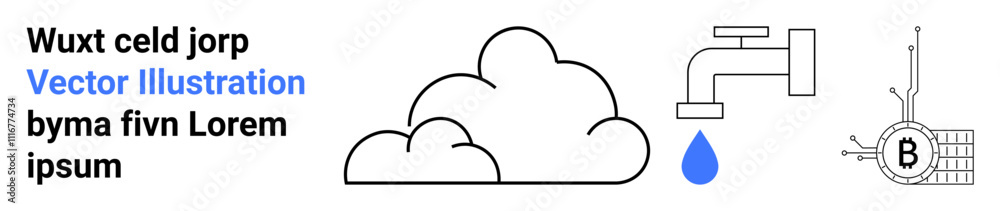 Cluster of clouds, water tap with blue droplet, and Bitcoin symbol. Ideal for tech, environment, finance, sustainability, web design, infographics, and educational materials. Landing page Cluster of clouds, water tap with blue droplet, and Bitcoin symbol. Ideal for tech, environment, finance, sustainability, web design, infographics, and educational materials. Landing page