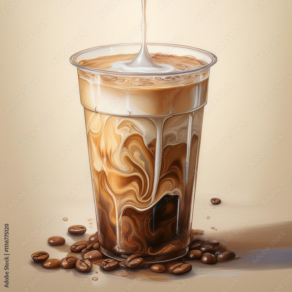 © Fazila - Transparent tall slim plastic coffee cup filled with coffee on light beige background