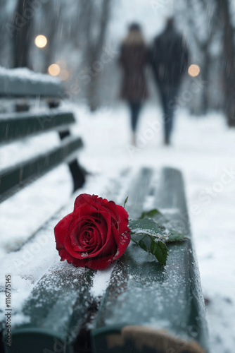 Red Rose on Park Bench in Winter Scene