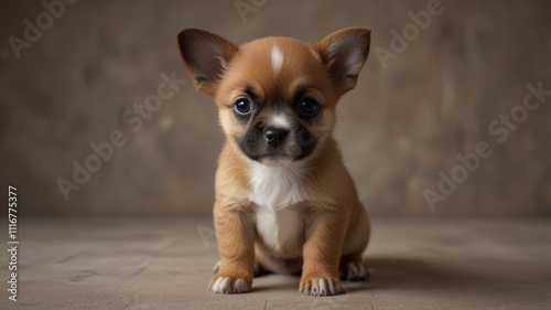 Adorable Chihuahua puppy sitting on wooden floor. photo