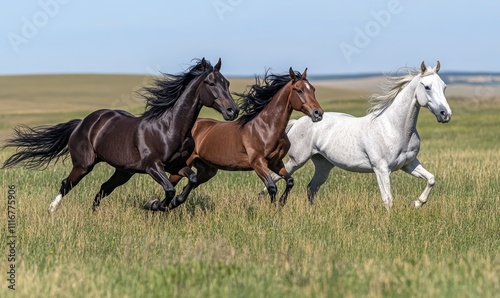 A group of wild horses running freely across field. with a clear blue sky.