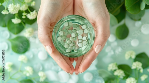 Woman's hands holding a glass bowl filled with small, round, light green and white pills surrounded by flowers and leaves.