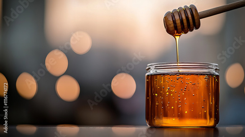 Wooden honey dipper dripping golden honey over a jar against a blurred background photo