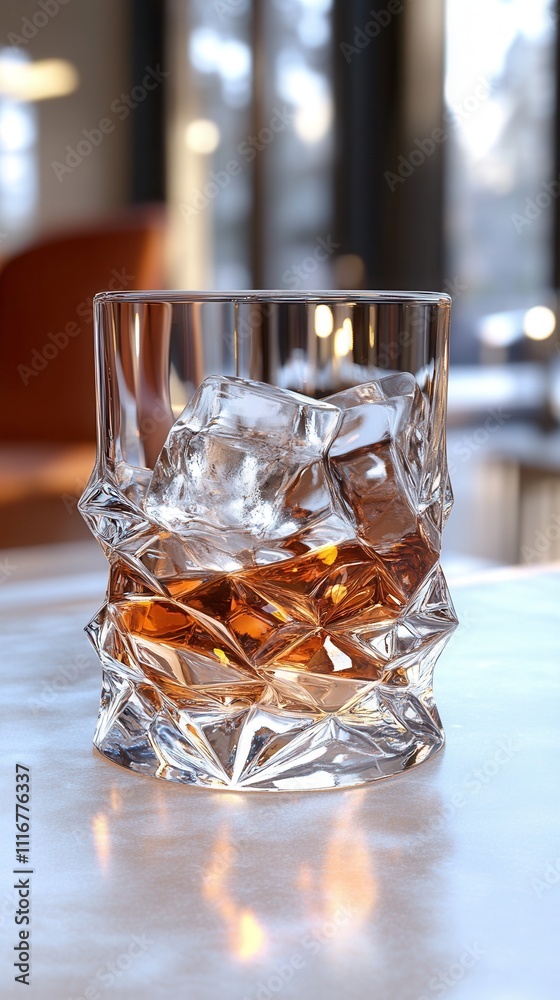 Crystal glass of whiskey with ice in a bright interior, daylight, premium style, AI-generated Crystal glass of whiskey with ice in a bright interior, daylight, premium style, AI-generated