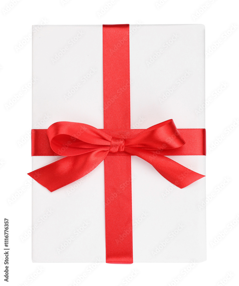 One book with red ribbon as gift isolated on white, top view One book with red ribbon as gift isolated on white, top view