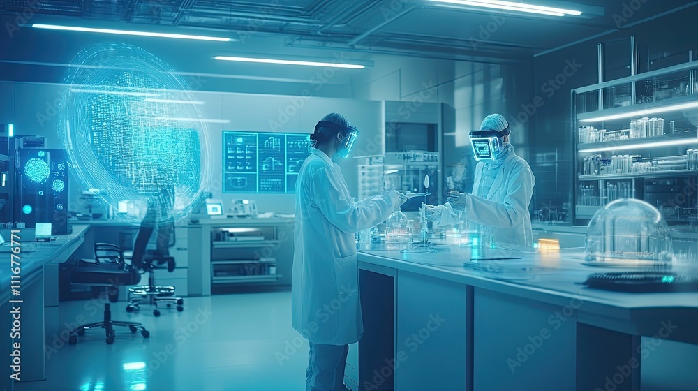 Obraz premium Futuristic lab; scientists in protective gear work with data.