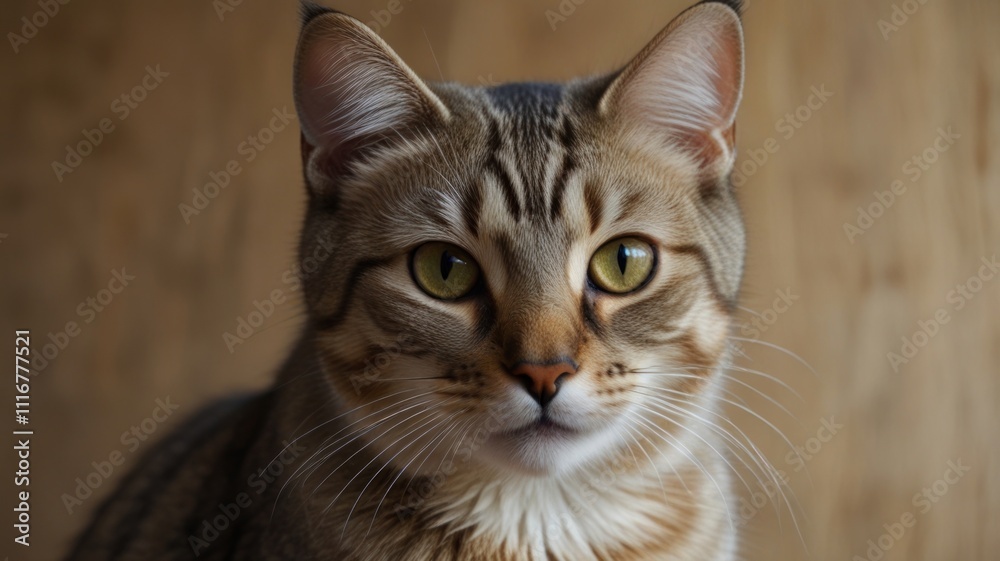 Obraz premium Close-up portrait of a tabby cat with bright yellow eyes.