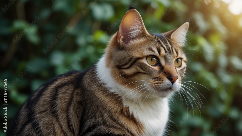 Fototapeta premium A tabby cat with amber eyes sits outdoors, looking to the right.