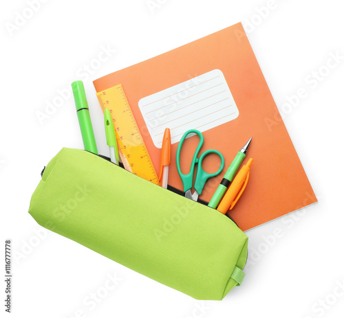 Carta da parati Copybook and other school stationery on white background, top view