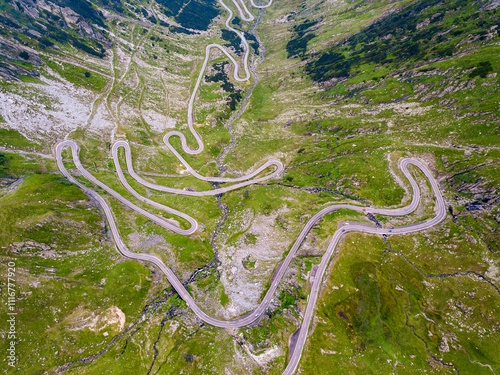 Aerial view of the famous Transfagarash highway, Romania. Mountain road and beautiful landscape photo