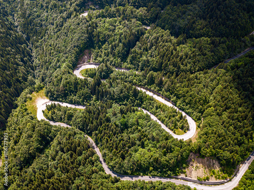 Aerial view of the famous Transfagarash highway, Romania. Mountain road and beautiful landscape photo