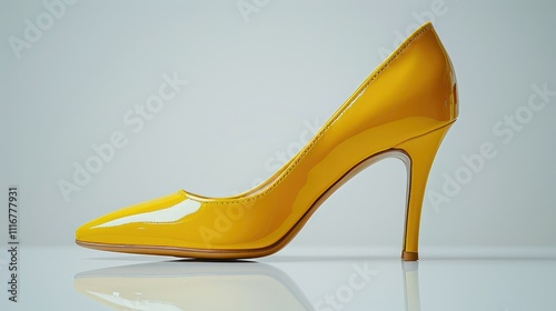 Yellow high-heeled shoe on white background.