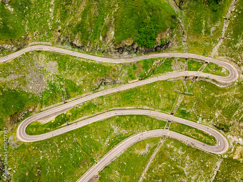 Aerial view of the famous Transfagarash highway, Romania. Mountain road and beautiful landscape photo