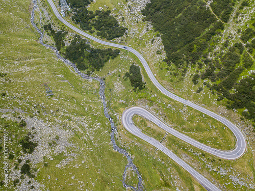 Aerial view of the famous Transfagarash highway, Romania. Mountain road and beautiful landscape photo