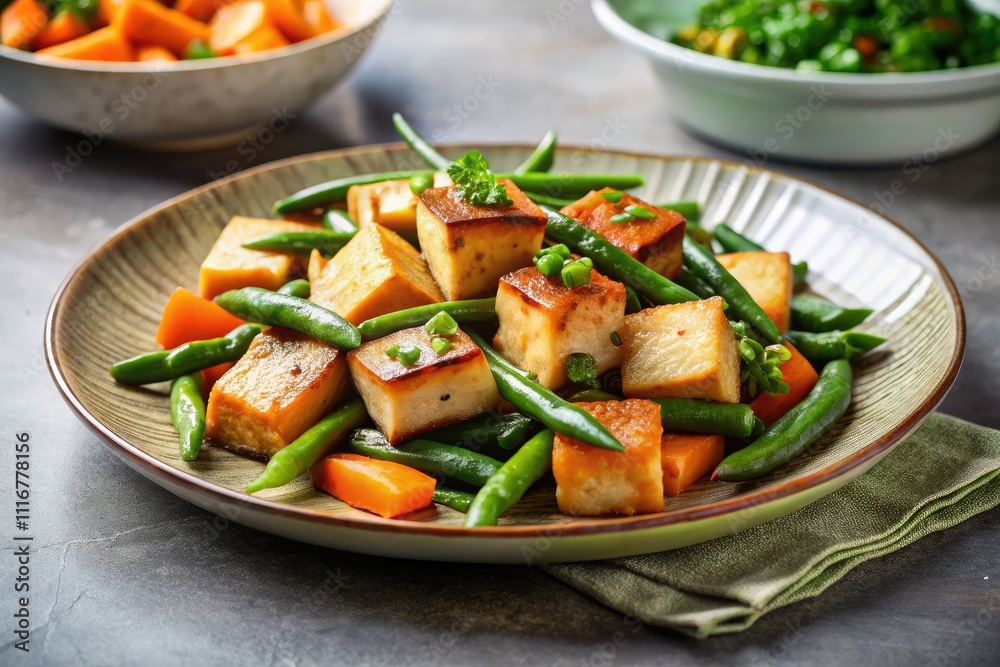 Sautéed tofu elegantly paired with vibrant green beans and carrots, artfully arranged on a trendy ceramic plate, ideal for food photography and healthy lifestyle enthusiasts. Sautéed tofu elegantly paired with vibrant green beans and carrots, artfully arranged on a trendy ceramic plate, ideal for food photography and healthy lifestyle enthusiasts.