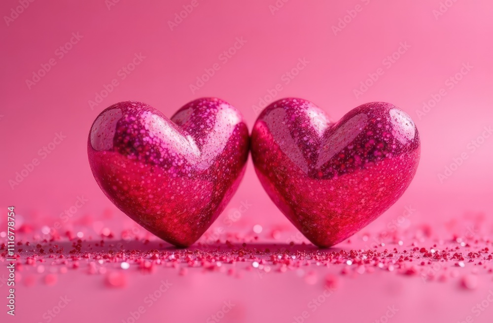 Obraz premium Two Hearts On Pink Glitter In Shiny Background - Valentine's Day Concept