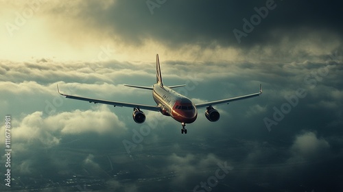 A commercial airplane flying through dramatic clouds under a moody sky, showcasing the beauty and adventure of air travel.