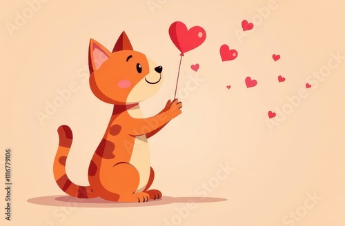 Draw banner funny cat with little red hearts for Valentine