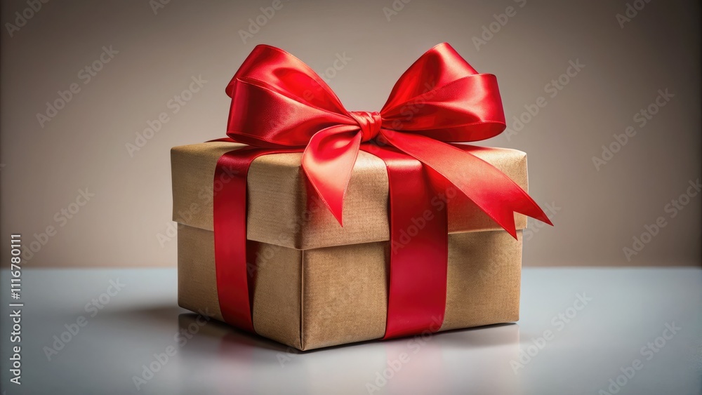 Obraz premium Sophisticated beige gift box adorned with a red ribbon bow, ideal for holidays, birthdays, and special events. High-quality product photography on a transparent background.